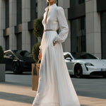 A-Line High Waisted Belted Buttoned Hollow Pleated Pockets Solid Color Split-Joint Stand Collar Maxi Dresses Shirt Dress