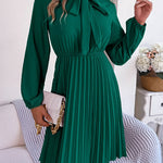 Long Sleeves Loose Pleated Solid Color Tied Mock Neck Mini Dresses