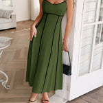 A-Line High Waisted Contrast Color Zipper Spaghetti-Neck Midi Dresses