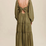 Green V Neck Bowknot Cutout Frill Tiered Maxi Dress