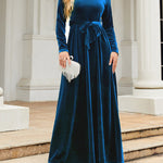 Long Sleeves Wrap Belted Pleated Solid Color Zipper Round-Neck Maxi Dresses