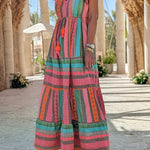 Sunlit Magic Linen Blend Ethnic Print Ruffle Sleeve Tassel Maxi Dress
