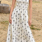 Black Bow Print Smocked Ruffle High Waist Maxi Dress