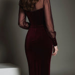 Elegant Mesh Polyester Velvet Stitching Sweetheart Neckline Slim Midi Dress