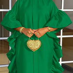 Long Sleeves Loose Ruffle Trim Solid Color Split-Joint Round-Neck Maxi Dresses