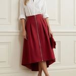 A-Line High-Low Pleated Pockets Solid Color Zipper Skirts Bottoms