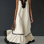 A-Line Loose Contrast Color Pleated Ruffle Trim Split-Joint V-Neck Maxi Dresses