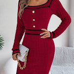Bodycon Long Sleeves Buttoned Contrast Color Plaid Square-Neck Mini Dresses Sweater Dresses