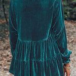 Sea Green Velvet V Neck Puff Sleeve Peplum Blouse