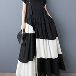 A-Line Loose Asymmetric Buttoned Pleated Spaghetti-Neck Maxi Dresses Suspender Dress