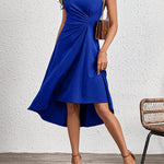 A-Line High Waisted Asymmetric Pleated Solid Color Split-Joint Round-Neck Midi Dresses