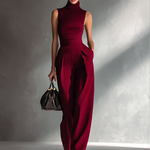 Women's Sleek Cotton-Linen Blend Burgundy Sleeveless Turtleneck Wide-Leg Jumpsuit