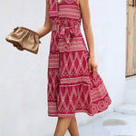Sleeveless Buttoned Printed Tied Waist Lapel Collar Midi Dresses