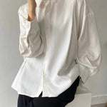 Simple Long Sleeves Loose Buttoned Pleated Solid Color Lapel Collar Blouses&Shirts Tops