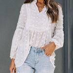 Zeagoo Zeagoo Women's Chiffon Blouses Lantern Long Sleeve V Neck Flowy Babydoll Boho Tops Pom Pom Shirts