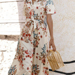 A-Line Loose Buttoned Flower Print Tied Waist Lapel Midi Dresses
