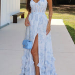Margovil Back Lace-up Ruffle Hem Slit Floral Print Maxi Cami Dress
