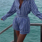 Margovil Striped Long Sleeves Curve Hem Shirt and High Rise Shorts Set