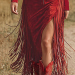 Western Style Vintage Embroidered Red Fringed Faux Suede Midi Dress