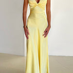 Margovil V Neck Back Tie Bow Cut Out Satin Maxi Dress