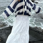 Margovil Lantern Sleeves Button Down Color Block Stripes Sweater with Scarf