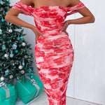Fairy Floral Off Shoulder Ruched Bodycon Midi Party Dress