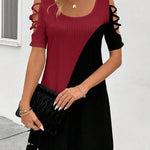 A-Line Loose Contrast Color Hollow Mesh Split-Joint Cold Shoulder Mini Dresses