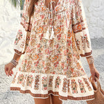 A-Line Loose Contrast Color Drawstring Flower Print Pleated Split-Joint V-Neck Mini Dresses