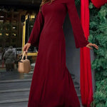 Long Sleeves Pleated Ruffled Solid Color Split-Joint Round-Neck Maxi Dresses