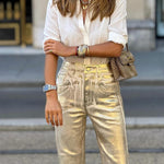 Retro straight-leg gold trousers with loose pockets and wide legs
