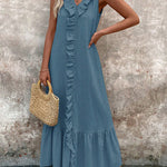 A-Line Loose Pleated Ruffle Trim Solid Color V-Neck Maxi Dresses