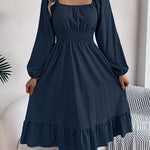 A-Line Elasticated Waist Pleated Ruffled Solid Color Square-Neck Midi Dresses