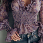 Romantic Lavender Floral Ruffled Chiffon Blouse With Smocked Waist