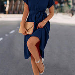 A-Line High Waisted Buttoned Solid Color Tied Waist Lapel Collar Midi Dresses Shirt Dress