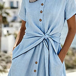 Women'S Casual Solid Color Dress With Hollow-Out Lace Patchwork