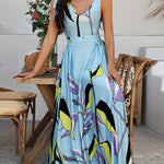 A-Line High Waisted Bowknot Contrast Color Pleated Printed Split-Joint Zipper V-Neck Maxi Dresses