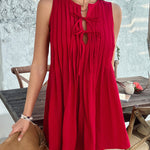 A-Line Loose Pleated Solid Color Tied Round-Neck Mini Dresses Vest Top