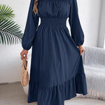 A-Line Elasticated Waist Pleated Solid Color Round-Neck Maxi Dresses