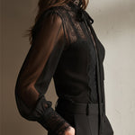 Retro Elegant Lace Stand-up Collar Tie Neck Chiffon Blouse