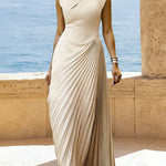 High Waisted Sleeveless Asymmetric Pleated Solid Color Mock Neck Maxi Dresses