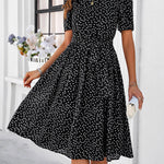 A-Line Elasticated Waist Contrast Color Polka Dot Split-Joint Tied Waist Round-Neck Midi Dresses