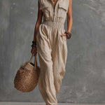 Boho Vintage Sleeveless Zip-Front Cotton Jumpsuit In Sand Beige