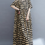 Loose Short Sleeves Plaid Round-Neck Midi Dresses