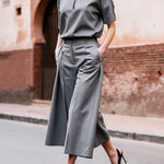 Loose Wide Leg Pockets Solid Color Ninth Pants Trousers
