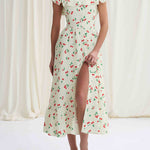 High Waisted Loose Buttoned Elasticity Flower Print Pleated Square-Neck Midi Dresses