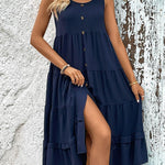 Loose Sleeveless Buttoned Solid Color Tiered Round-neck Midi Dresses