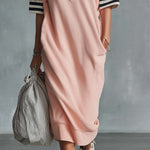 Casual Fashion Sporty Hooded Front Zipper Short-sleeved Cherry Blossom Pink Cotton Midi Dress