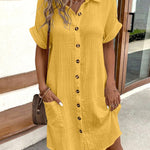 Loose Short Sleeves Pleated Split-Joint Lapel Mini Dresses Shirt Dress