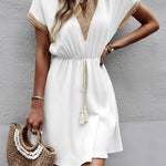 A-Line Elasticated Waist Contrast Color Drawstring Hollow Split-Joint Tasseled Tied V-Neck Mini Dresses