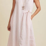 Linen Blend Solid Color Round Neck Sleeveless Loose Pocket Midi Dress